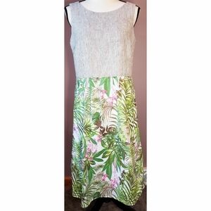 J Jill Linen Cotton Midi Dress Striped Floral Tropical Sleeveless Green White